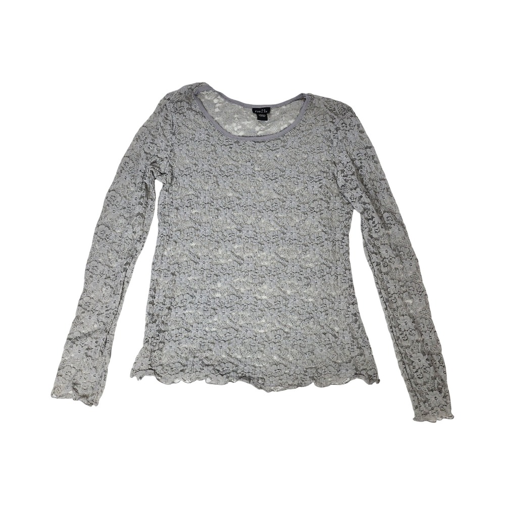 rue21 Womens XL Grey Floral Lace Sheer Long Sleeve Scoop Neck Top Lettuce Hem